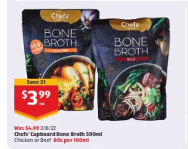 Chefs' cupboard bone broth offer at ALDI