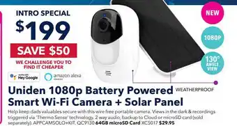 Jaycar Electronics Uniden 1080p battery powered smart wi-fi camera + solar panel offer