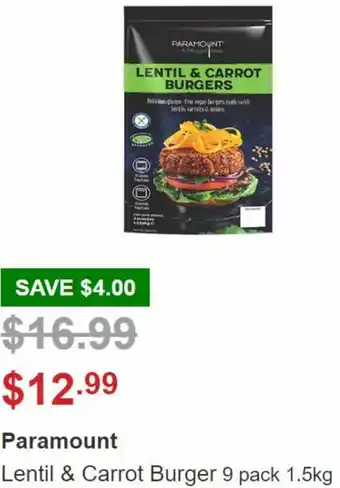 Costco Paramount Lentil & Carrot Burger 9 Pack 1.5Kg offer