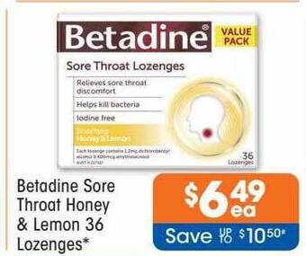 Good Price Pharmacy Betadine sore throat honey & lemon 36 lozenges offer