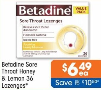 Good Price Pharmacy Betadine Sore Throat Honey & Lemon 36 Lozenges offer