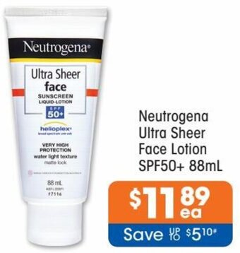 Good Price Pharmacy Neutrogena Ultra Sheer Face Lotion SPF50+ 88ml offer