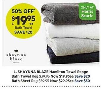 Harris Scarfe Shaynna blaze hamilton towel range bath towel bath sheet offer