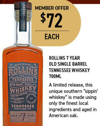 Dan Murphy's Rollins 7 Year Old Single Barrel Tennessee Whiskey 700ml offer