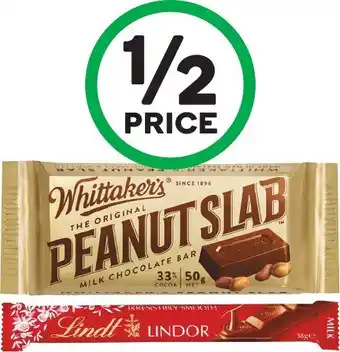 Woolworths Whittaker’s slabs or lindt bars 35-50g offer