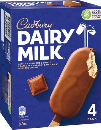 Woolworths Cadbury bars or sticks 300-360ml pk 4 – from the freezer offer