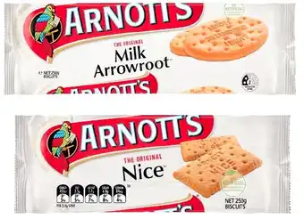 Coles Arnott’s milk arrowroot or nice biscuits 250g offer