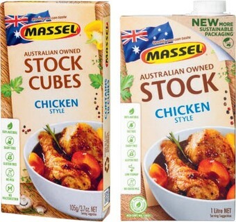 Coles Massel gourmet liquid stock 1 litre, ultra stock cubes 105g or stock powder 140g-168g offer