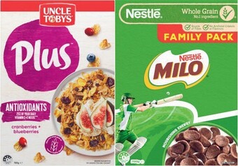 Coles Uncle tobys plus 690g-820g or nestlé milo cereal 700g offer
