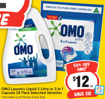 IGA OMO Laundry Liquid 2 Litre or 3 In 1 Capsule 28 Pack Selected Varieties offer