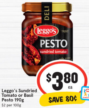 IGA Leggo's Sundried Tomato or Basil Pesto 190g offer