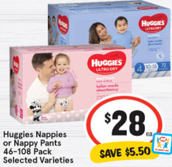 IGA Huggies Nappies or Nappy Pants 46-108 Pack Selected Varieties offer