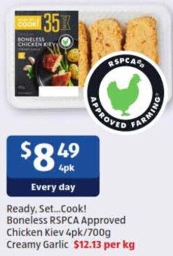 ALDI Ready, Set...Cook! Boneless RSPCA Approved Chicken Kiev 4pk/700g Creamy Garlic offer