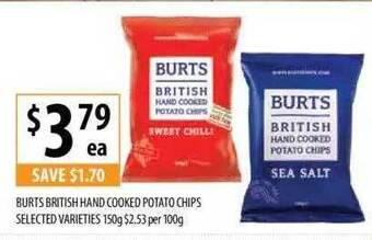 Supabarn Burts british hand cooked potato chips selected varieties offer