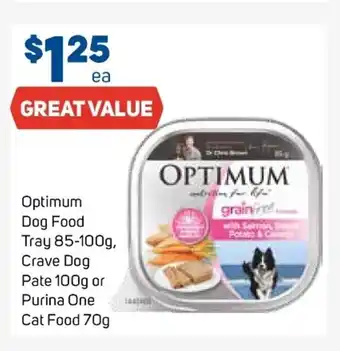 Foodland Optimum Dog Food Tray 85-100g, Crave Dog pate 100g or Purina One Cat Food 70g offer