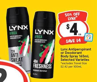IGA Lynx antiperspirant or deodorant body spray offer