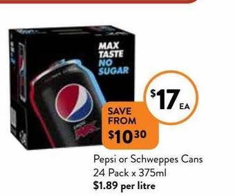 Foodworks Pepsi or schweppes cans 24 pack x 375ml offer
