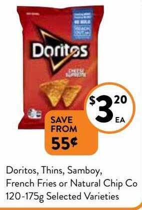 Foodworks Doritos, thins, samboy, french fries or natural chip co 120-175g offer