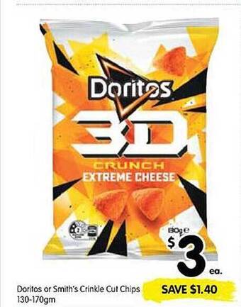 Spar Doritos or smith's crinkle cut chips 130-170gm offer