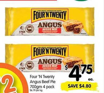 Spar Four 'n twenty angus beef pie 700gm 4 pack offer