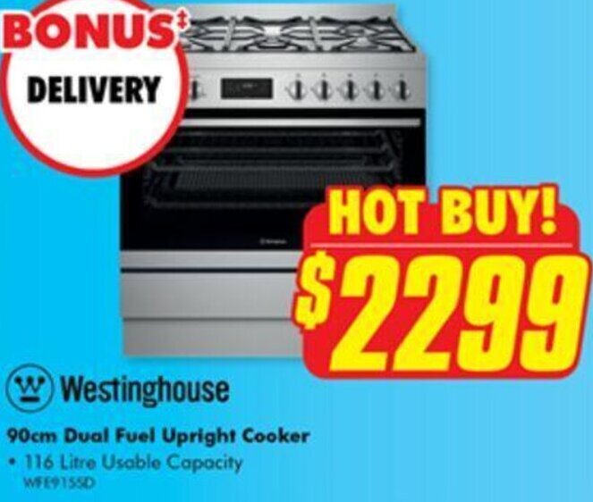 Westinghouse 90cm Dual Fuel Upright Cooker offer at The Good Guys
