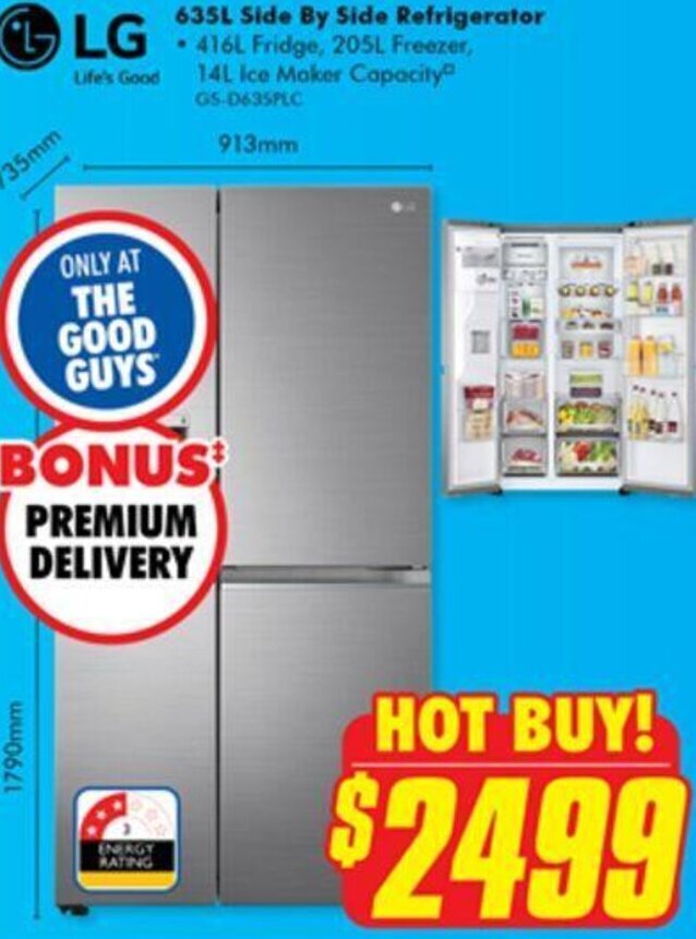 LG 635L Side By Side Refrigerator offer at The Good Guys
