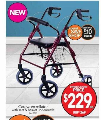 Cheap as Chips Careworx rollator with seat & basket underneath offer