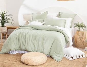 Pillow Talk Washed linen look mint quilt cover set by essentials offer