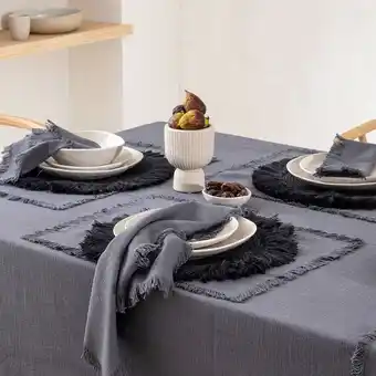Pillow Talk Ashra fringed charcoal table linen by m.u.s.e. offer
