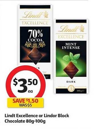 Coles Lindt excellence or lindor block chocolate 80g-100g offer