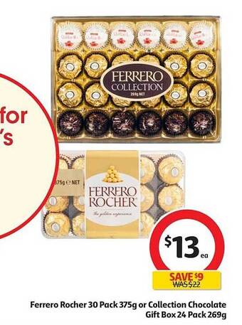 Coles Ferrero rocher 30 pack 375g or collection chocolate gift box 24 pack 269g offer