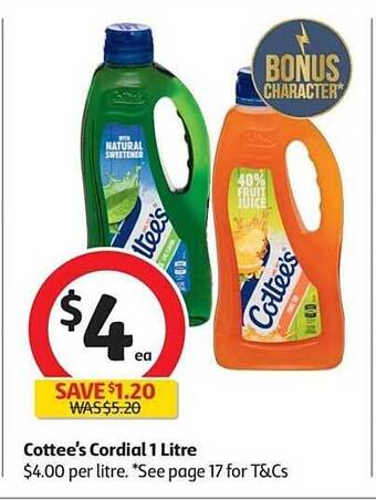 Coles Cottee's cordial 1 litre offer