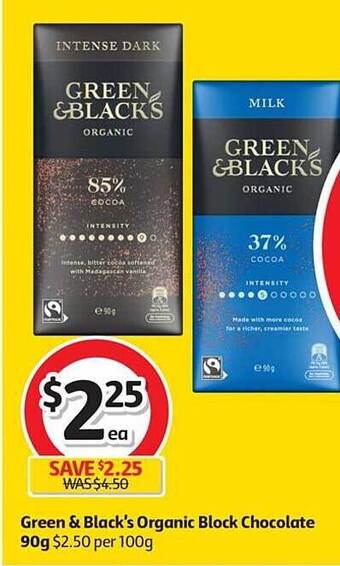 Coles Green & black's organic block chocolate 90g offer