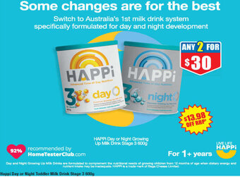 Chemist Warehouse Happi Day or Night Toddler Milk Drink Stage 3 600g offer