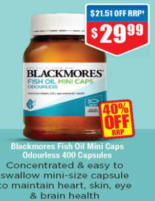 Chemist Warehouse Blackmores Fish Oil Mini Caps Odourless 400 Capsules offer
