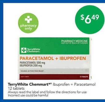 Terry White Terrywhite chemmart ibuprofen + paracetamol 12 tablets offer