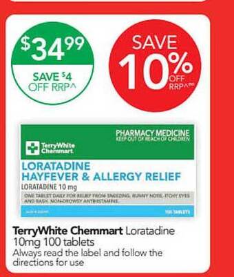 Terry White Terrywhite chemmart loratadine 10mg 100 tablets offer