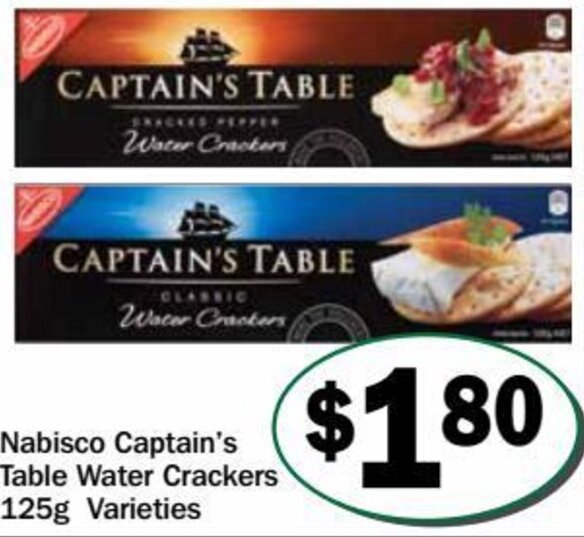 Nabisco Captain's Table Water Crackers 125g Varieties offer at Friendly