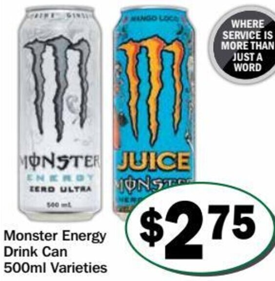 Monster Energy Drink Can 500ml Varieties offer at Friendly Grocer