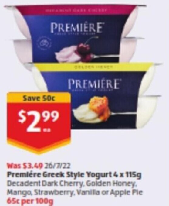 Premiére Greek Style Yogurt 4 x 115g offer at ALDI