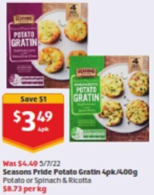 Seasons Pride Potato Gratin 4pk/400g offer at ALDI