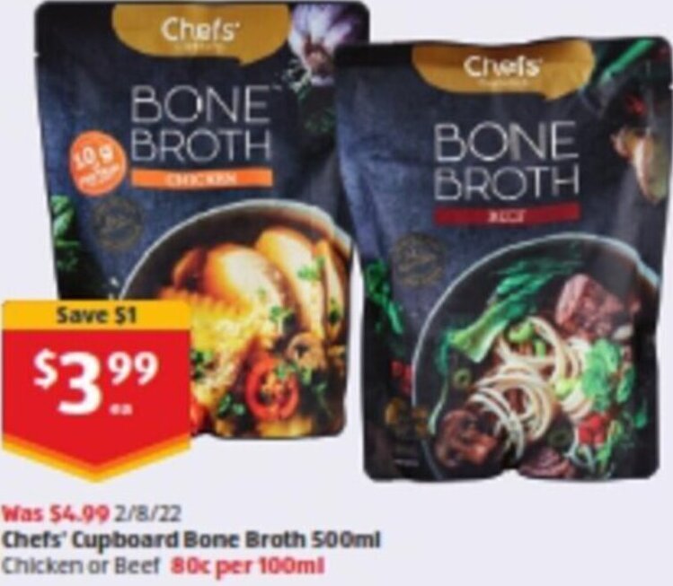 Chefs' Cupboard Bone Broth 500ml offer at ALDI