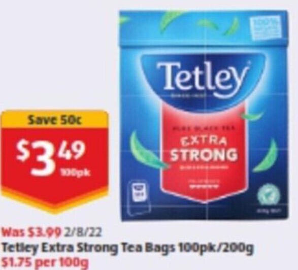 Tetley Extra Strong Tea Bags 100pk/200g offer at ALDI
