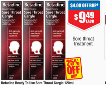 Chemist Warehouse Betadine Ready To Use Sore Throat Gargle 120ml offer