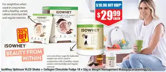 Chemist Warehouse IsoWhey Optimum VLCD Shake + Collagen Chocolate Fudge 18 x 55g or Weight Management Madagascar Vanilla 672g offer