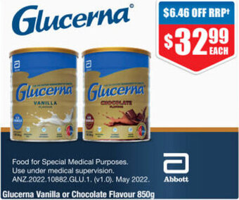 Chemist Warehouse Glucerna Vanilla or Chocolate Flavour 850g offer