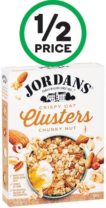 Woolworths Jordans muesli, clusters or granola 500-750g or dorset granola 450g offer