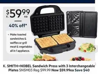 Harris Scarfe K. smith+nobel sandwich press with 3 interchangeable plates offer