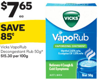 Woolworths Vicks VapoRub Decongestant Rub 50g offer
