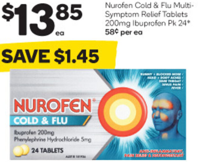 Nurofen Cold & Flu MultiSymptom Relief Tablets 200mg Ibuprofen pk 24 offer at Woolworths